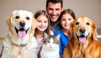 Obraz na płótnie Canvas Family fun with pets joyful moments at home featuring dogs and cat indoor candid photography