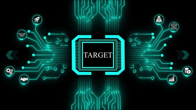 Central processor with the word TARGET and surrounding business icons connected by glowing circuit board lines on a black background