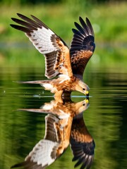 Fototapeta premium Hunting red kite bird reflecting in calm water nature scene wildlife photography close-up view serene environment