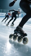 Close-up of inline speed skating race showing fast skates gliding on ice rink