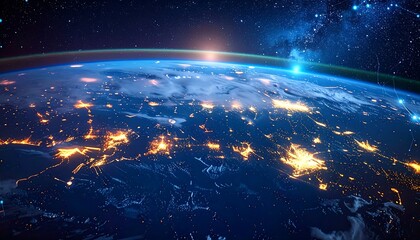 A stunning view of Earth from space, showcasing the glow of city lights across continents.