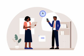 Diverse business colleagues collaborating on a project in an office setting with a clock and bookshelf