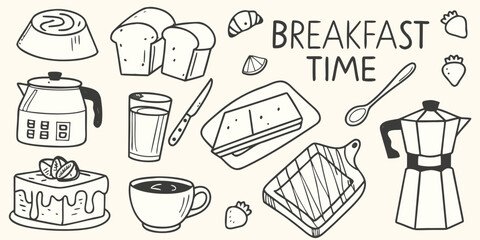 Hand drawn sketchy breakfast food and drink items with the words breakfast time