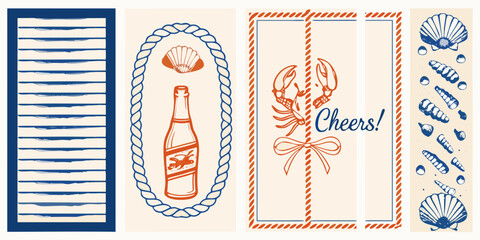 Nautical themed illustrations featuring a bottle of wine lobster seashells and rope borders with a cheers message