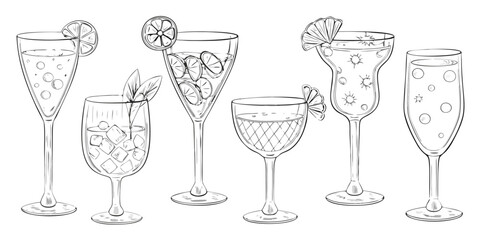 Collection of hand drawn cocktail glasses with fruits and ice cubes for refreshing drinks
