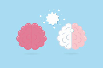 Two cartoon brains one pink and whole the other split pink and white with a thought bubble