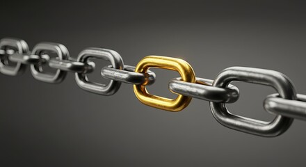 Obraz premium A chain of silver links with one distinct golden link, symbolizing uniqueness.