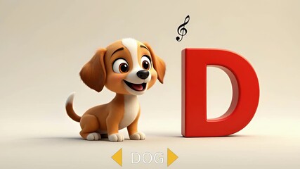 Cute cartoon puppy standing beside a vibrant red letter D in a simple and light background setting