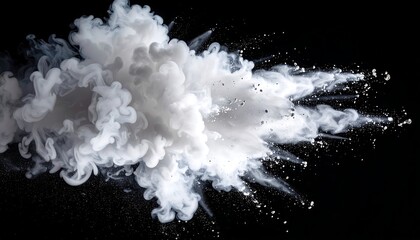 A dynamic, high-contrast depiction of a cloud-like, white explosion against a stark, black background