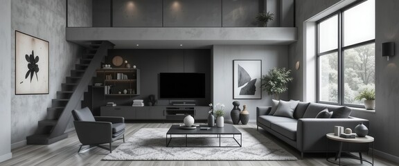 Small Minimalist Living Room with Loft in Shades of Gray, Modern and Refined.
