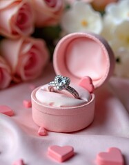 a ring in a box with seart shaped diamonds. roses on background. Valentines day concept