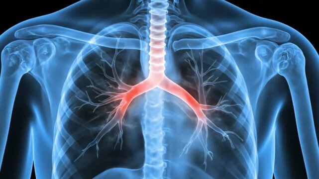 An anatomical 3d rendering of the human chest and respiratory system showing inflamed bronchi and bronchial tubes a common sign of bronchitis lung disease or a respiratory infection