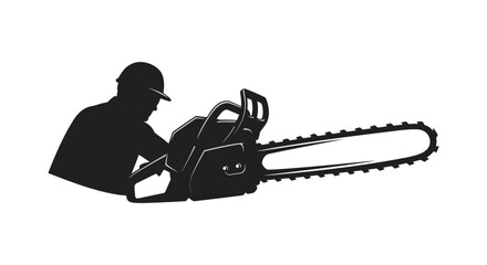 Silhouette of a lumberjack holding and operating a powerful chainsaw