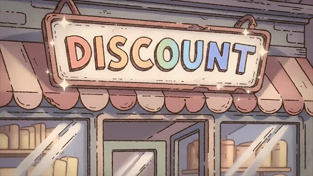 Vibrant Illustration of a Retail Storefront Featuring a Sparkling 'DISCOUNT' Sale Sign