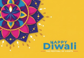 Vibrant diwali mandala decoration with festive lights and wishes on yellow