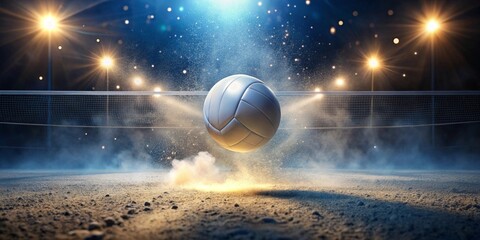 Fototapeta premium Dynamic Volleyball Action at Night A Ball in Motion, Dust and Light Exploding in an Indoor Court