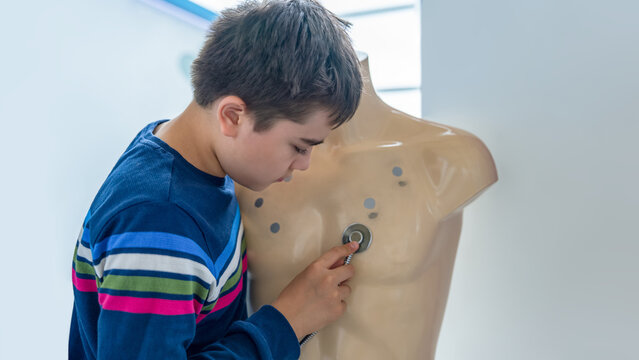 Child learning medicine by using stethoscope on medical training mannequin torso.Concept of  examine medical training healthcare education,pediatric practice,future doctor simulation,child learning