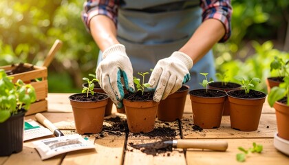 Naklejka premium Hands wearing gloves planting small seedlings in terracotta pots on a wooden table outdoors with lush green plants in the background