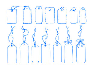 Blue Set blank white paper price tags or gift tags. Paper labels with cord.
