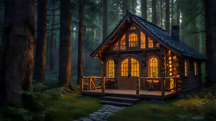 Fototapeta premium Fantasy wooden cottage with glowing windows, magical forest setting