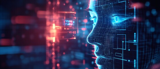 Futuristic digital face with glowing elements.