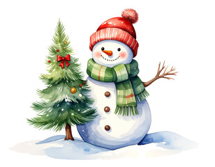 Hand-Painted Watercolor Snowman Holding Decorated Christmas Tree, Isolated PNG