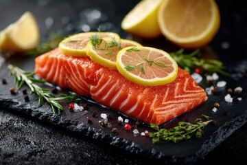 Vibrant Salmon Fillet Crowned with Citrus Slices and Fresh Herbs on Dark Slate.