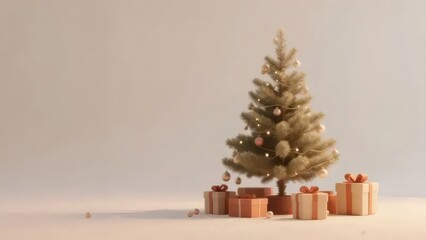淡い背景の上のギフトボックスとミニクリスマスツリー