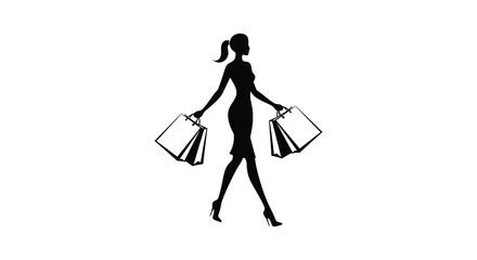 Silhouette of a woman walking with shopping bags in monochrome