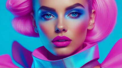 Portrait of a model against a neon pink and blue background