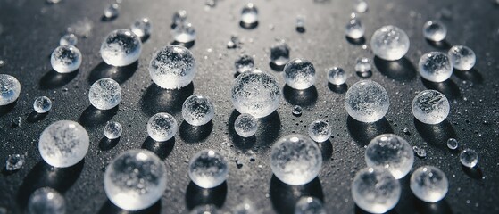 Array of hail stones, each with unique and intricate shapes, ranging from perfectly spherical to fragmented and abstract, varying in sizes, from tiny pebbles to substantial ice chunks.	