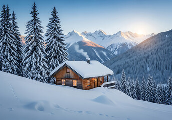 Fototapeta premium A cozy wooden cabin nestled amidst a snowcovered landscape, with towering pine trees and majestic mountains in the backdrop, illuminated by the warm glow of the setting sun on a clear winter day