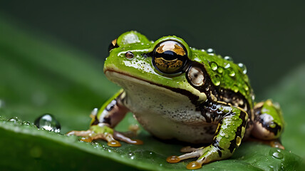 Naklejka premium Frog sitting on a green leaf, water droplets visible in macro detail