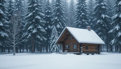A Lone Wooden Structure Against a Backdrop of Snow Laden Pines
