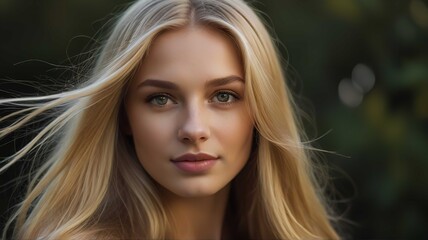 Long smooth brown hair flows beautifully as the girl poses gracefully in a bright studio, radiating elegance and charm
