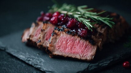 Juicy steak with rosemary and tangy cranberries, evoking rich autumnal feasts and Yuletide culinary magic on slate backdrop