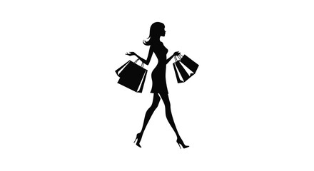 Silhouette of a woman carrying shopping bags on a white background