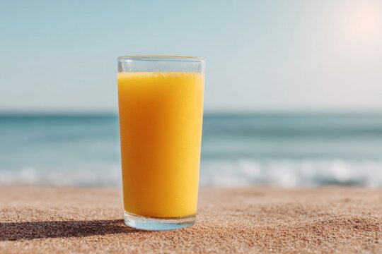 Sun-drenched orange elixir on sandy shore, embodies coastal rejuvenation, Vitamin C Day, Tropicana dreams, refreshing morning ritual