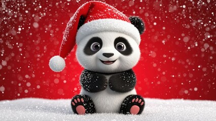 Cute 3d panda under the falling snow on red background