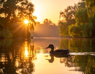 Golden sunrise over a calm lake with a duck
