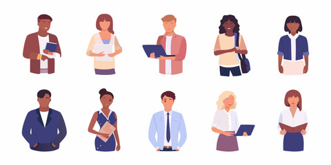 Ten diverse individuals in business and casual attire with devices