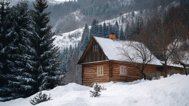 Cozy log cabin nestled in snow-draped mountains, evoking Yule winter wonderland vibes and hygge-inspired retreat holidays