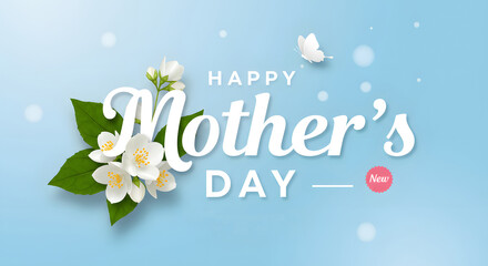 Beautiful happy mother's day floral design with delicate white flowers and soft blue background