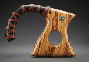 A uniquely designed wooden axe with a leatherwrapped handle against a dark background, showcasing craftsmanship and rustic elegance in a studio setting with detailed textures