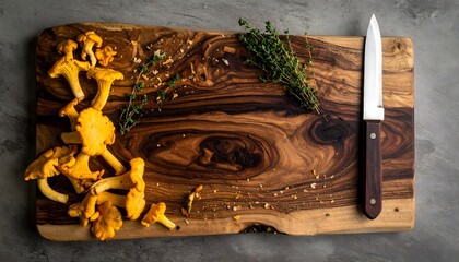 Overhead rustic composition of vibrant orange chanterelle mushrooms and fresh thyme on a dark wood chopping board, with a chef's knife ready for preparation