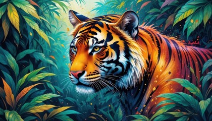 Abstract Tiger Portrait  A Watercolor and Ink Symphony in Emerald and Gold Tones