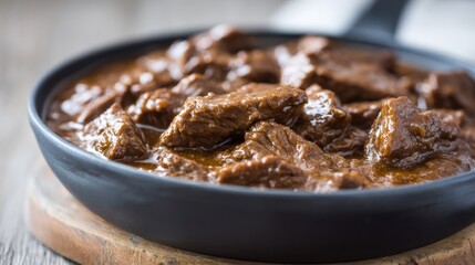 Rich, hearty beef stew simmers in a rustic cauldron, evoking winter solstice warmth and culinary nostalgia, comfort feast essence