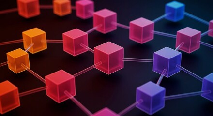 Abstract representation of a blockchain network with interconnected colorful translucent cubes on a dark background, symbolizing data and technology.