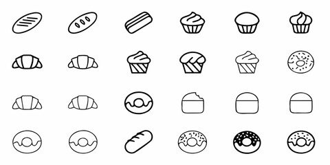Delicious bakery icons featuring tempting breads, sweet cupcakes, flaky croissants, and delightful donuts perfect for menus and promotions.