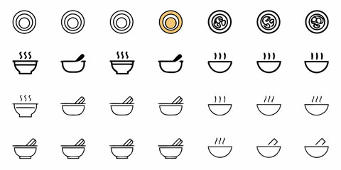 Modern line art icons showcase steaming bowls and pestle mortar sets, perfect for culinary apps and food branding.